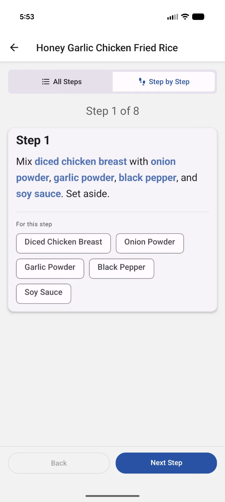 Step-by-step cooking mode screen