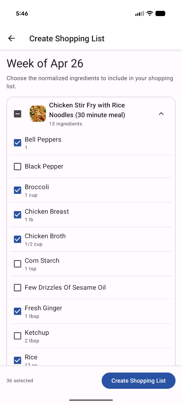 Create shopping list screen