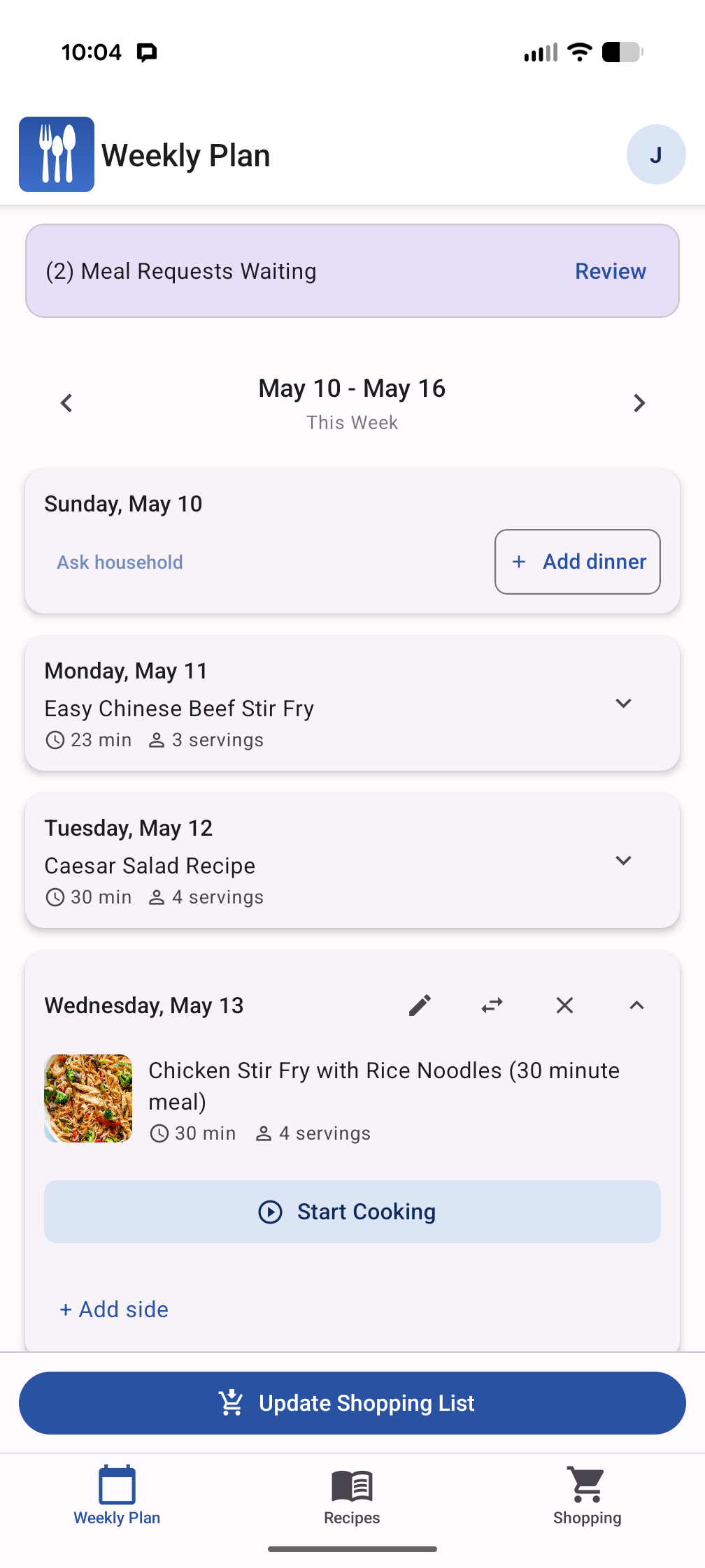 Owner receiving notification that a meal suggestion was submitted