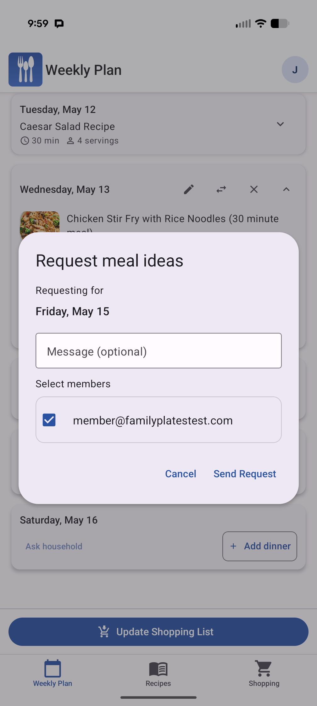 Owner sending a meal suggestion request to household members