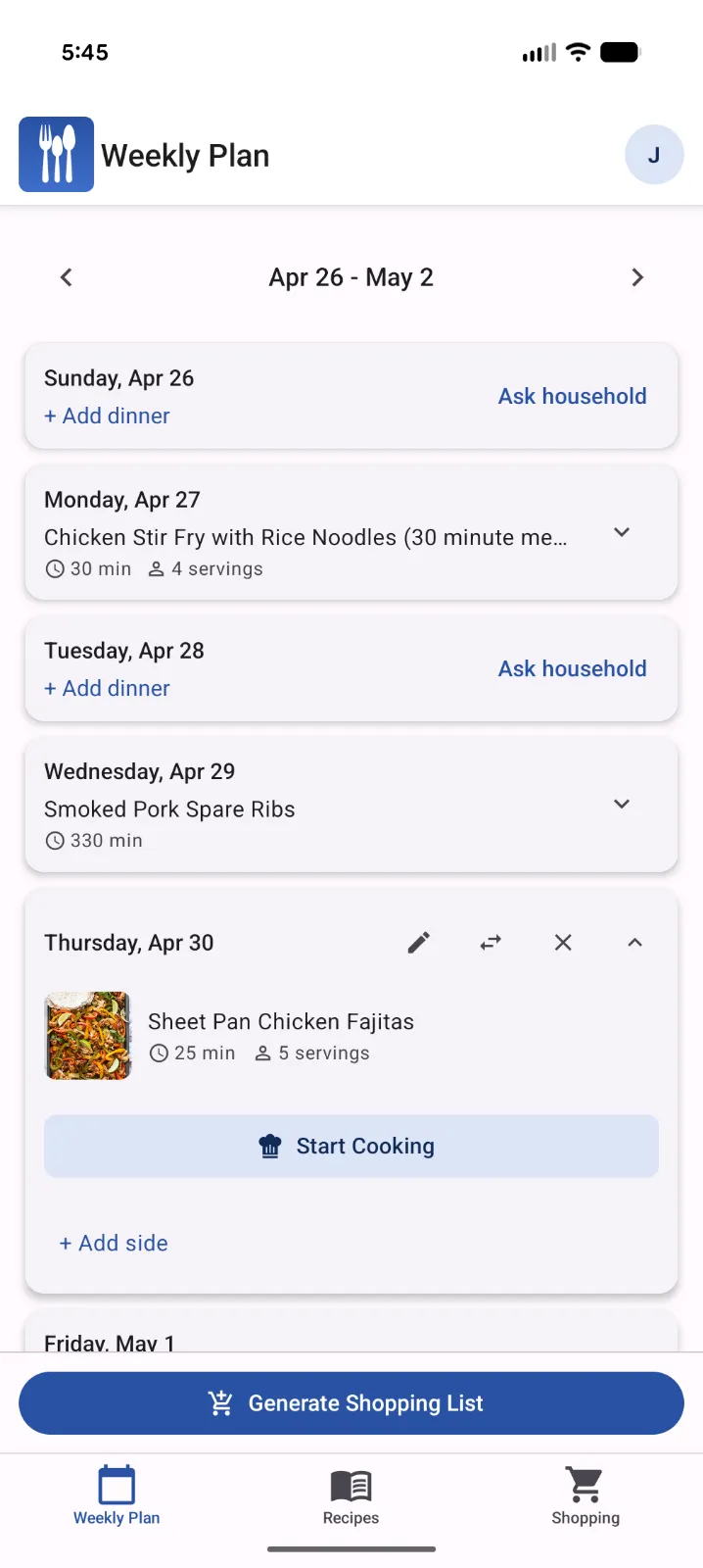 Weekly meal plan screen